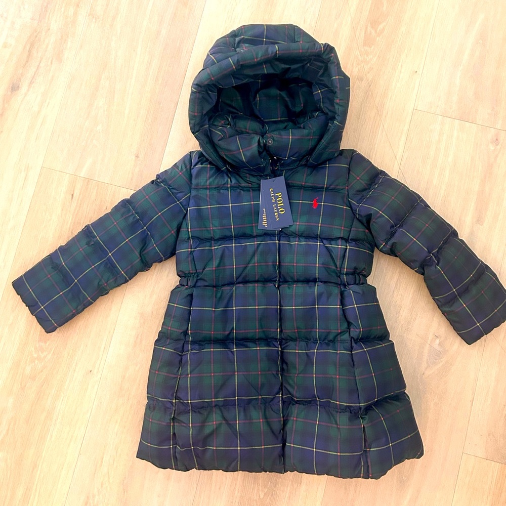 Polo Ralph Lauren girls long parka puffer down coat plaid with hood NWT $265